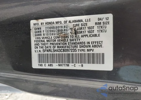 2012 Honda Odyssey Ex z USA, uszkodzony, nr VIN 5FNRL5H43CB097235
